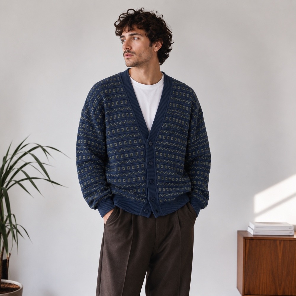 Vintage Claiborne Blue Geometric Textured Grandpa Cardigan, Large